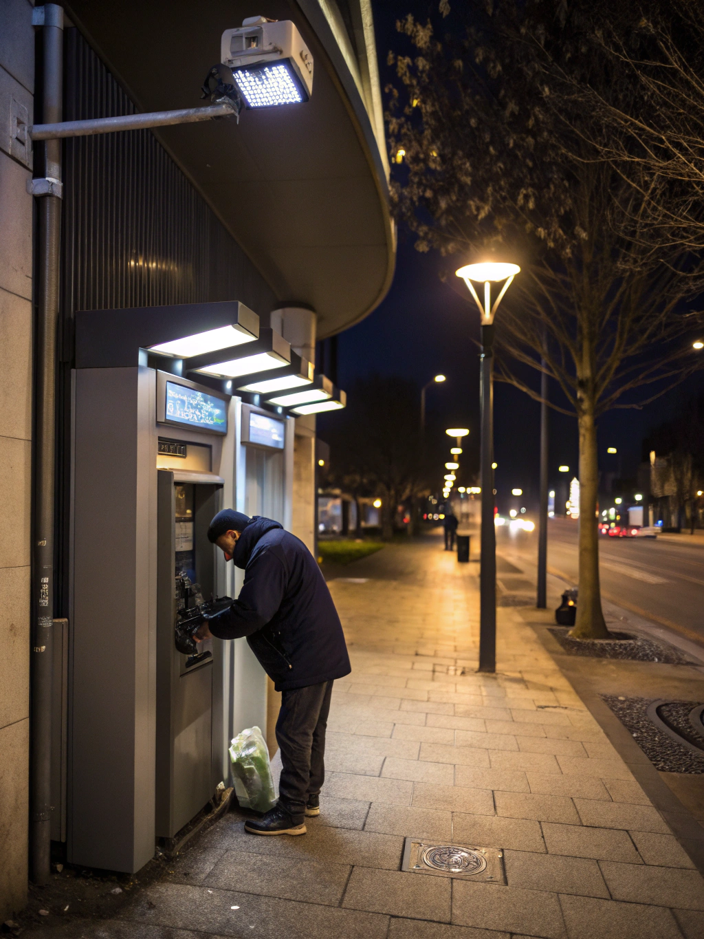Professional technician completing precision installation of a modern ATM terminal